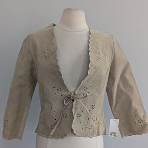 NEW Women's Calvin Klein Leather Tan Scallop Lace Lasercut Blazer Medium Y2K